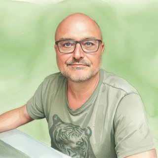 Retrato en acuarela de Carlos Guadián, con gafas y camiseta verde con un tigre estampado